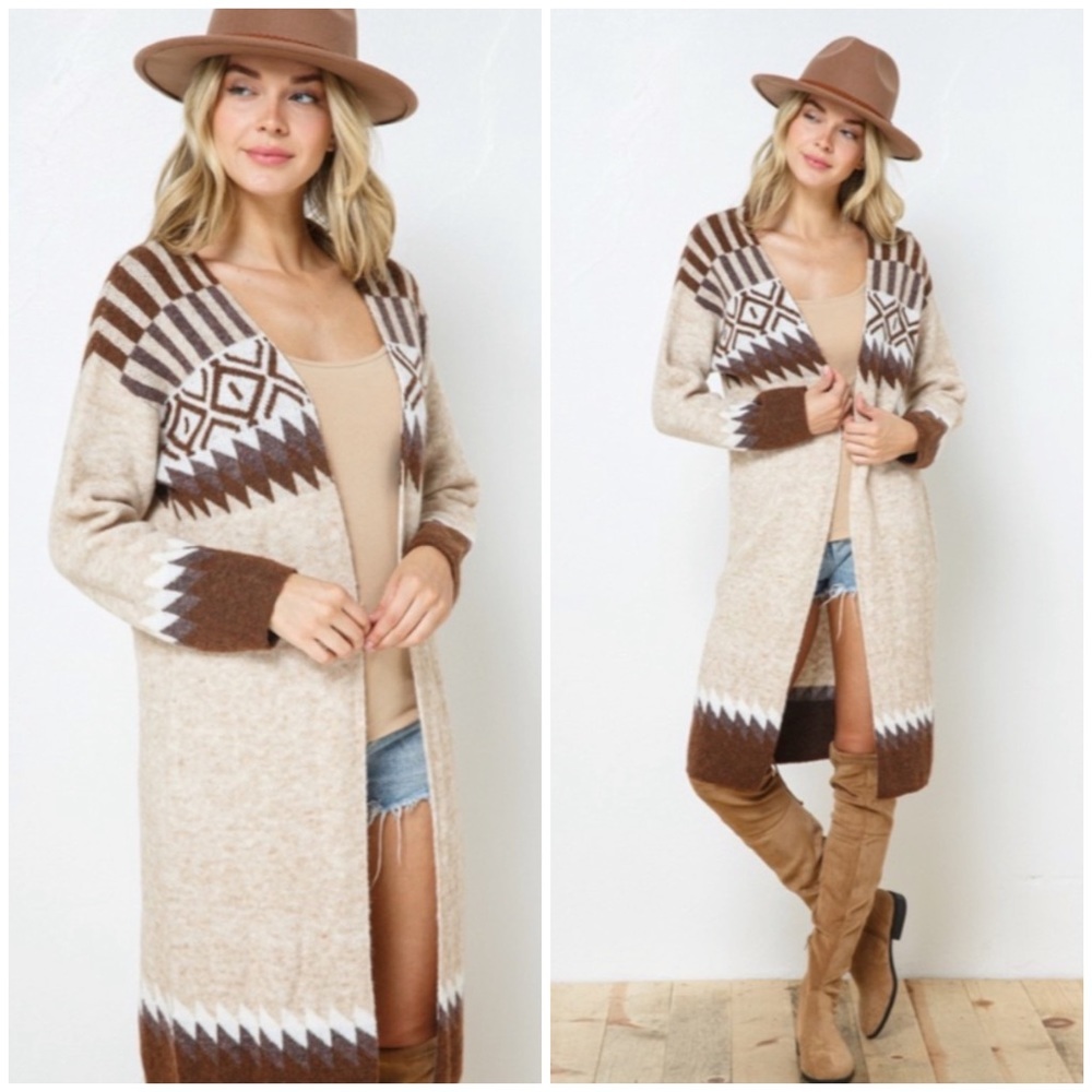 Taupe & Brown Aztec Tribal Western Boho Long Open Knit Cardigan Casual Sweater - Picture 1 of 8